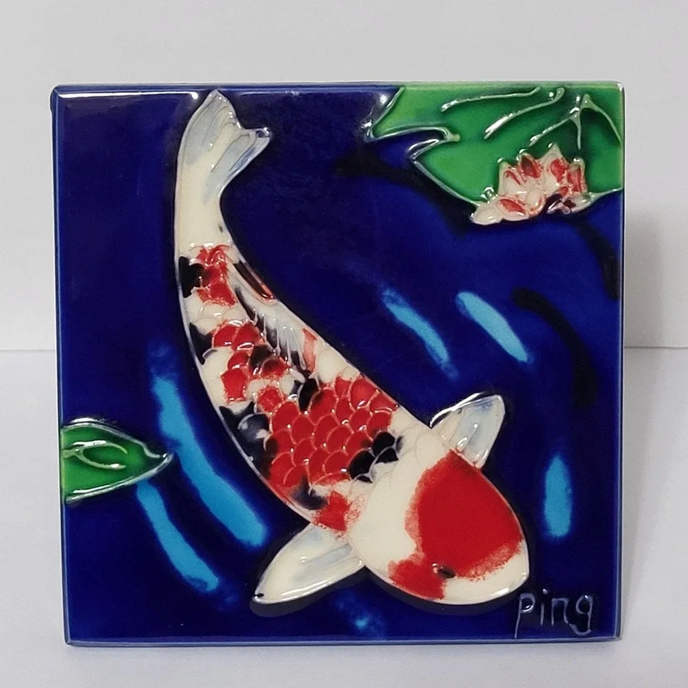 Signed Ceramic Koi Fish Tile By Ping Hand Painted Wall Hanging Raised Design 4x4